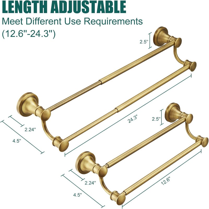 Hoimpro Adjustable Retractable 15-27 Inches Stainless Steel Bathroom Towel Bar, Bathroom Accessories Bath Hotel Double Towel Bar Rod Hanger Wall Mounted Towel Holder Towel Rack, Antique Brass - Image 3